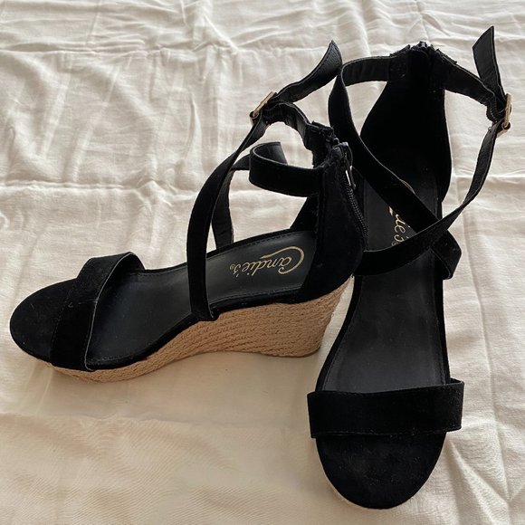 Candies Black Wedge Espadrille Heels Criss Cross with Gold Buckle - Picture 2 of 9